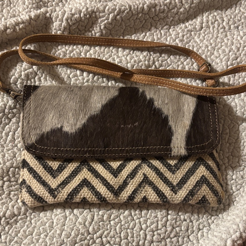 Myra Bag Brown & Cream Chevron Haircalf Crossbody